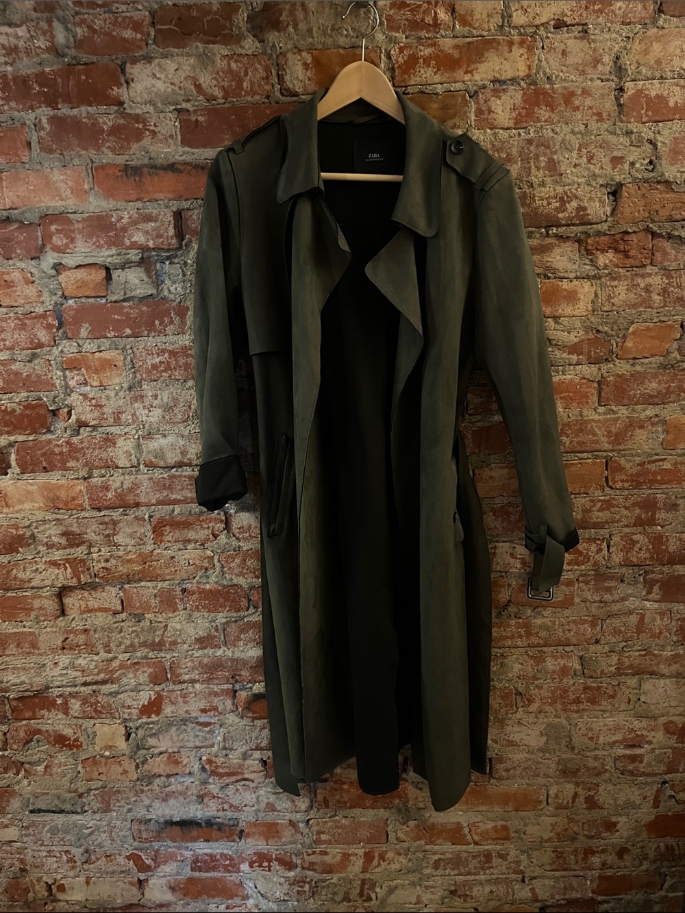 Zara Dark Olive Suede Trench Coat with Tie Waist